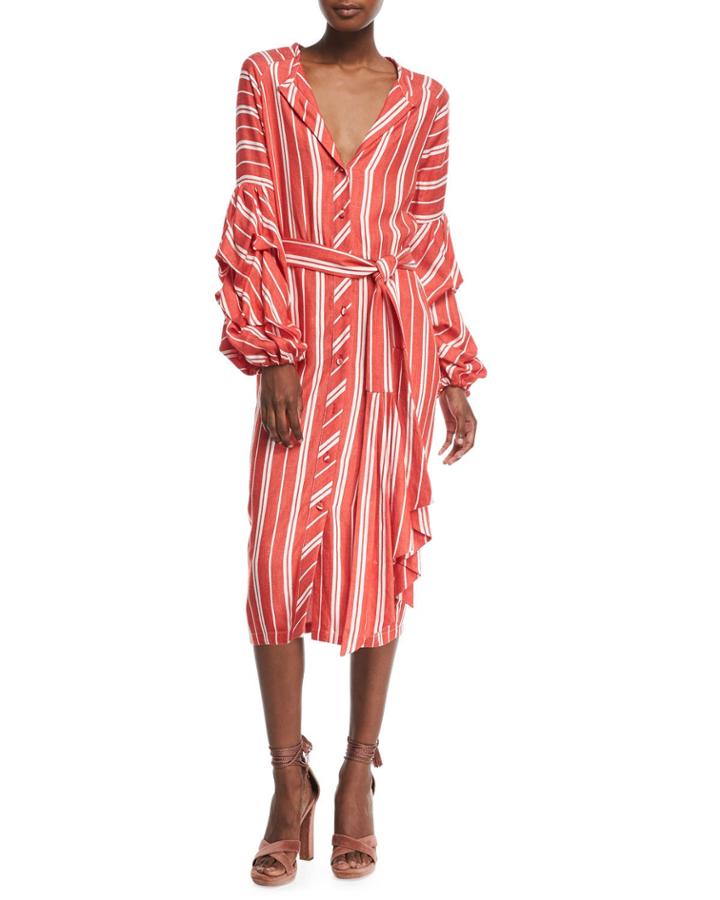 Santa Fe Striped Belted Balloon-cuffs Cotton-linen