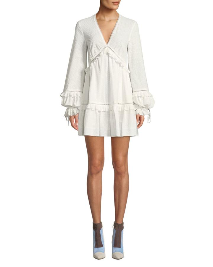Embroidered Ruffle Long-sleeve V-neck Dress