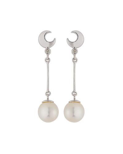 14k Crescent Moon, Diamond & Pearl Dangle Earrings