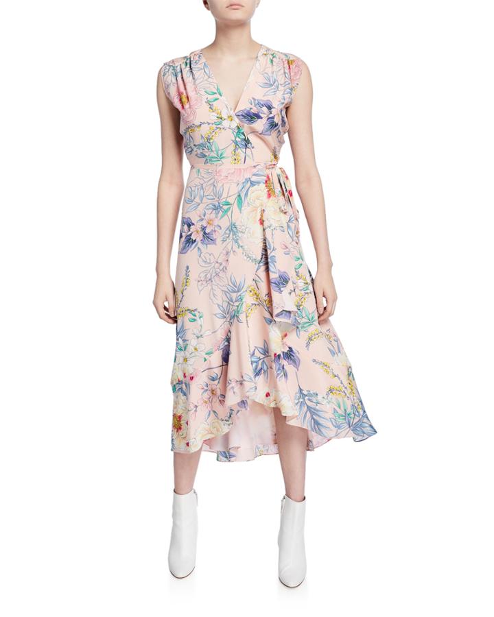 Santorini Floral High-low Sleeveless Silk Wrap Dress