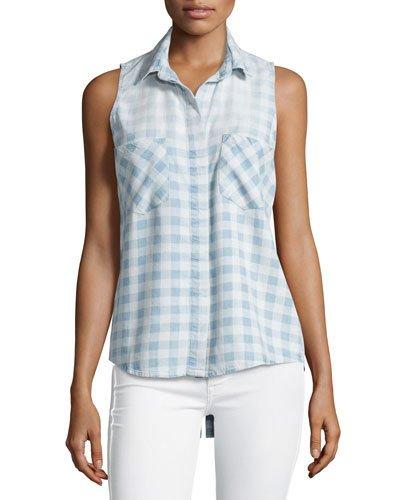 Sleeveless Check-print Blouse, Blue Plaid