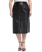 Adelina Contrast-stitch Leather Skirt, Black,