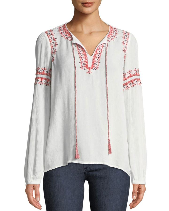 Embroidered Tassel-tie Peasant Blouse