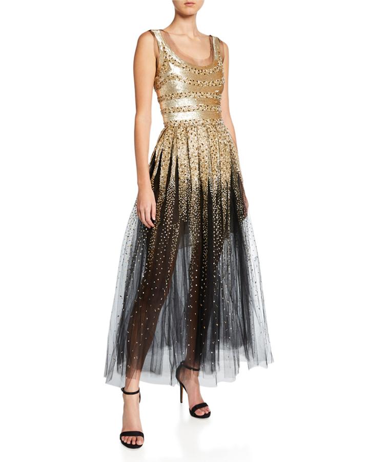 Mixed-stripe Sequined Tulle Cocktail Dress