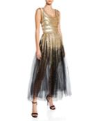 Mixed-stripe Sequined Tulle Cocktail Dress