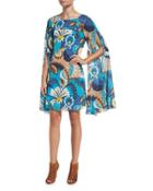 Sleeveless Floral Silk Cape Dress, Peacock