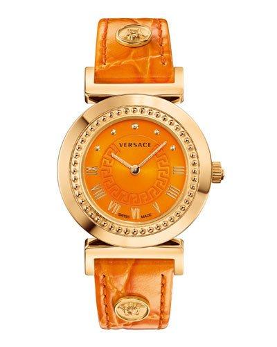 Vanity Round Watch W/ Leather Strap, Golden/orange