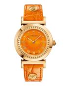 Vanity Round Watch W/ Leather Strap, Golden/orange