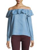 Off-the-shoulder Ruffle Chambray Top