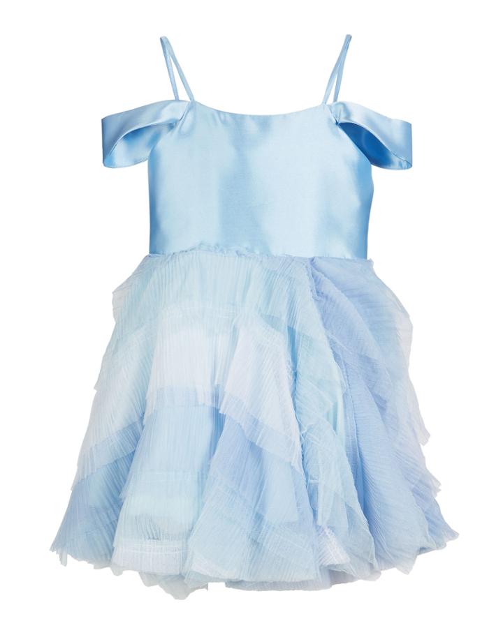 Matte Sateen & Ombre Mesh Ruffle Dress,