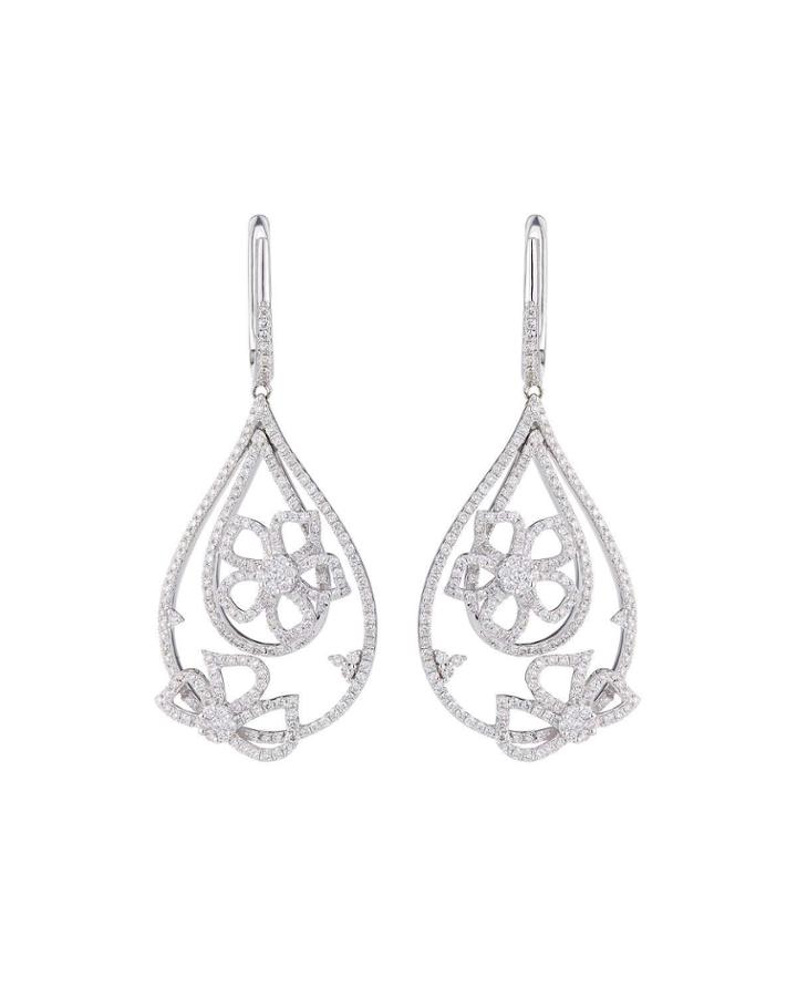 18k White Gold Diamond Flower Teardrop Earrings