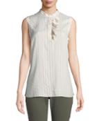 Silk Striped Sleeveless Shirt W/ Ruffled Collar