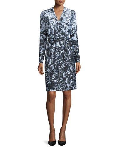Long-sleeve Floral-print Jersey Dress, Black/white