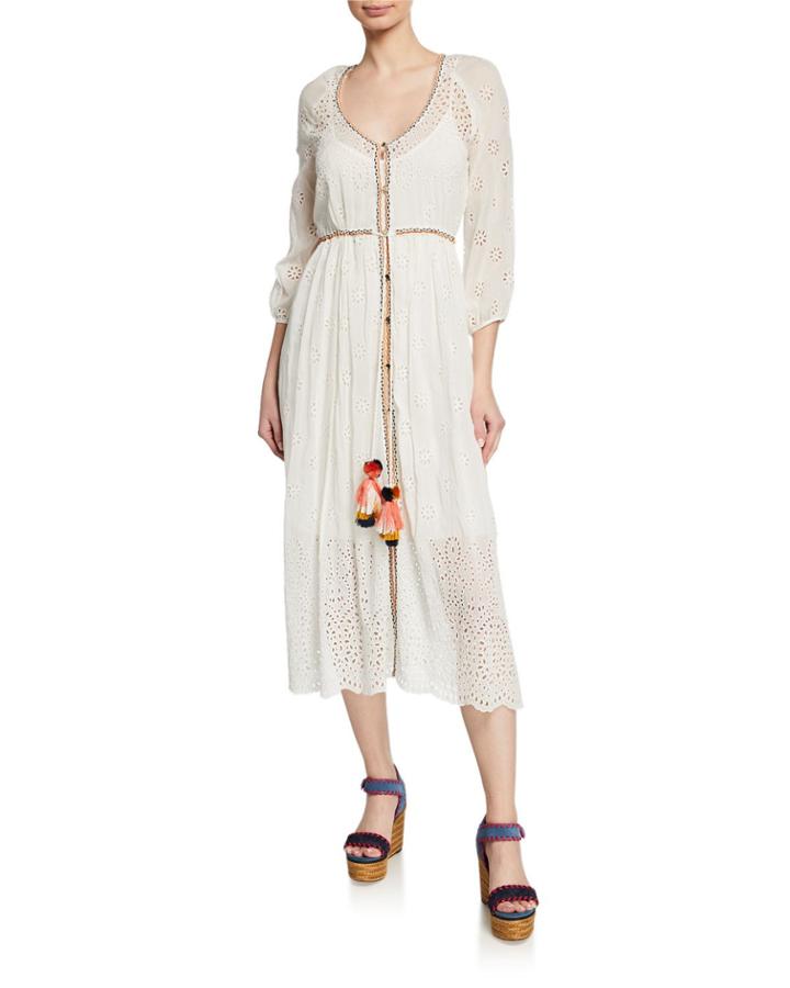Shelby Tie-front Eyelet Midi Dress W/ Tassel Detail