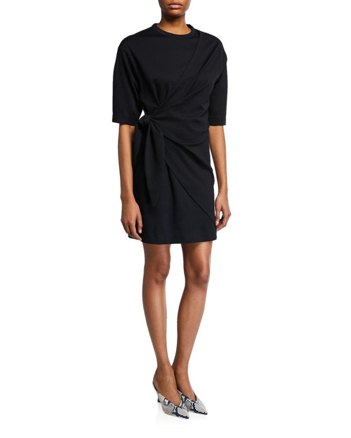Crewneck Elbow-sleeve Tie-front Dress