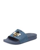 Flynn Denim Pool Slide Sandals With Bee