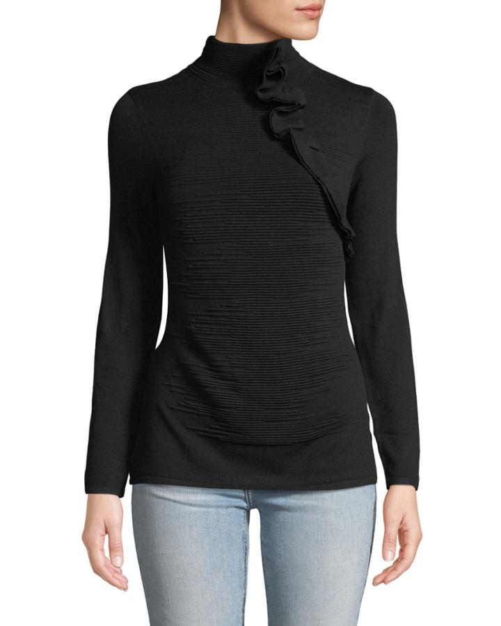 Textured Knit Ruffle Long-sleeve Blouse