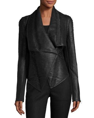 Faux-leather Striped Drape-front Jacket, Black
