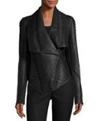 Faux-leather Striped Drape-front Jacket, Black