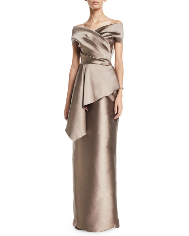 Stretch Gazar Off-shoulder Peplum Column Gown