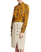 Floral High-neck Long-sleeve Tie-back Top