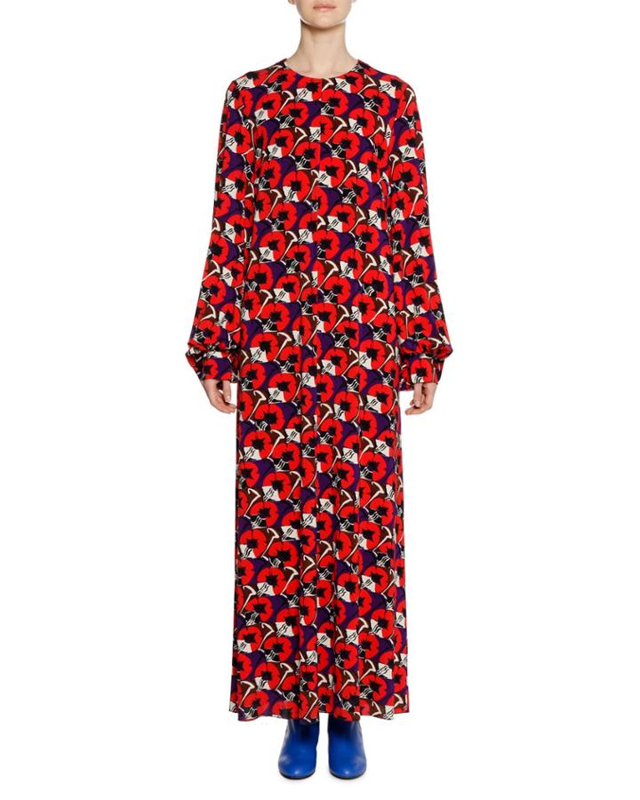 Long-sleeve Floral-deco Print Ankle-length Dress