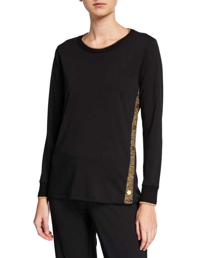 Metallic Trim Snap-button Long-sleeve Tee