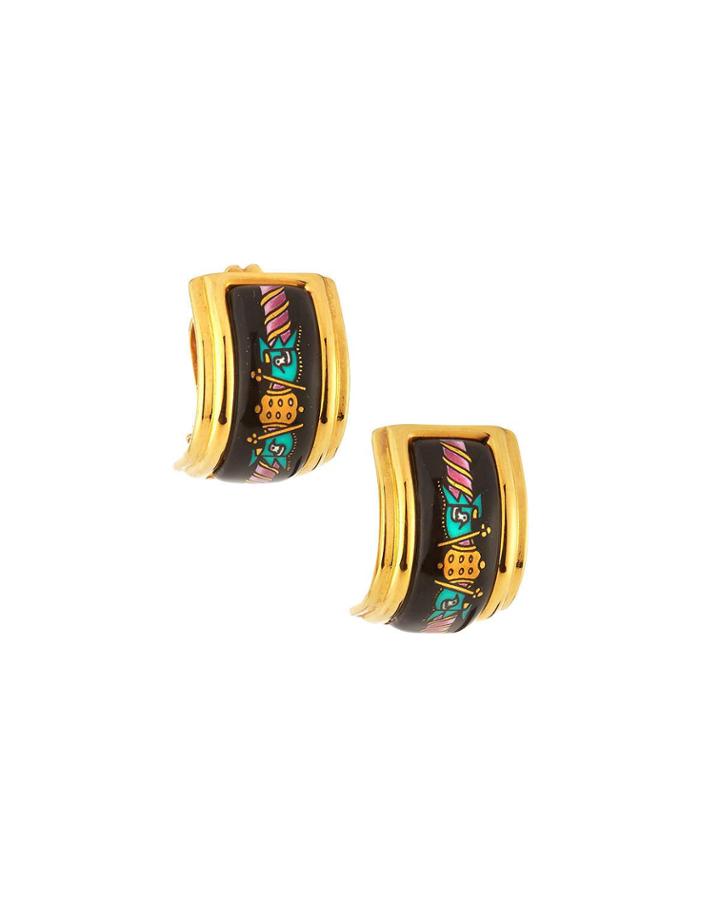 Estate Enamel Earrings, Black/gold