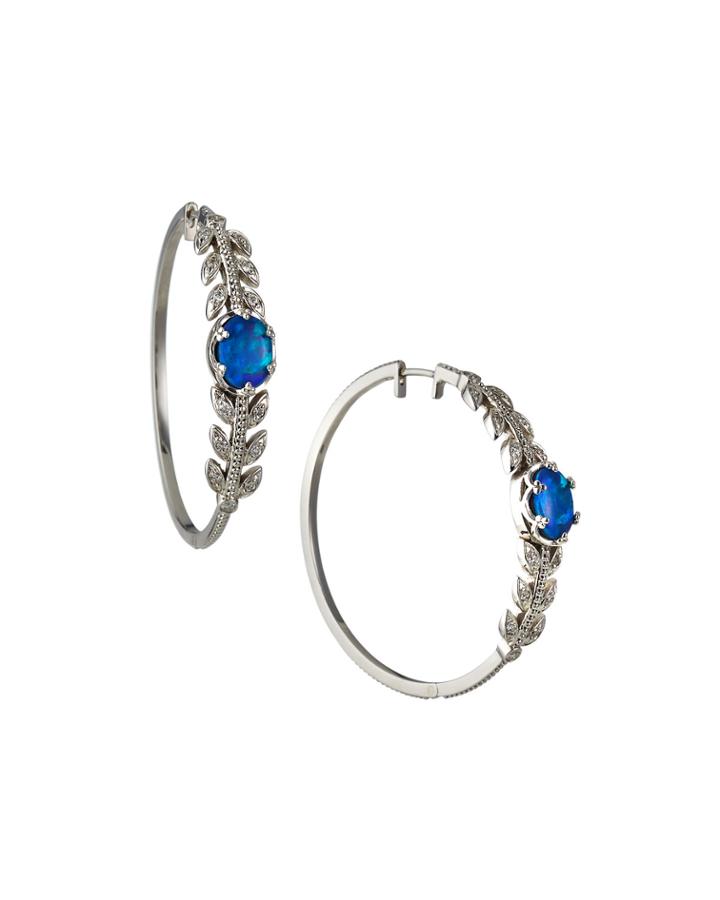 18k White Gold Opal Leaf Hoop Earrings