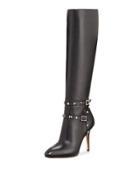 Rockstud Knee-high Pebbled Boot, Black