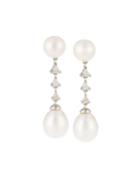 14k White Gold Triple Diamond & Two-pearl Earrings