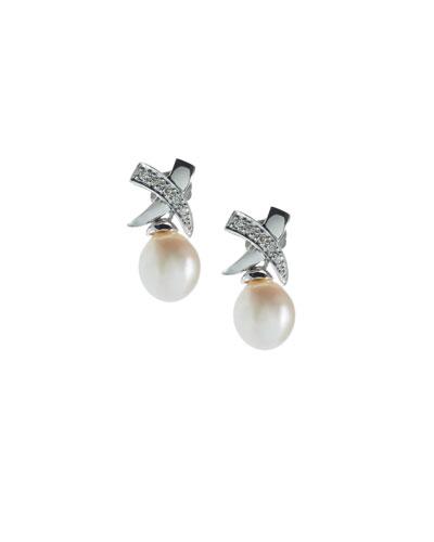Cross-top Freshwater Pearl Drop Earrings W/ Diamonds