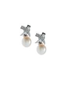 Cross-top Freshwater Pearl Drop Earrings W/ Diamonds