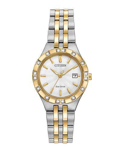 27mm Two-tone Stainless Steel Bracelet Watch W/ Diamonds