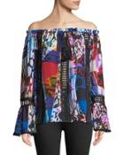 Off-the-shoulder Bell-cuff Preinted Blouse