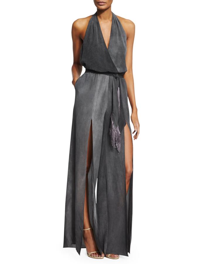 Silk Halter Jumpsuit W/ Fringe Belt, Charcoal