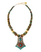 Turquoise Slab-beaded Necklace W/ Tribal-inspired Pendant