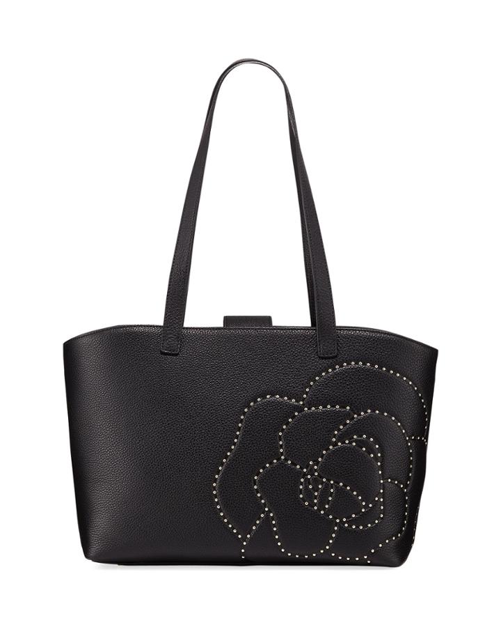 Flora Flower-stud Leather Shoulder Tote Bag