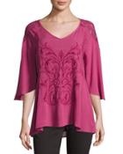 3/4-sleeve Embroidered Top, Burgundy