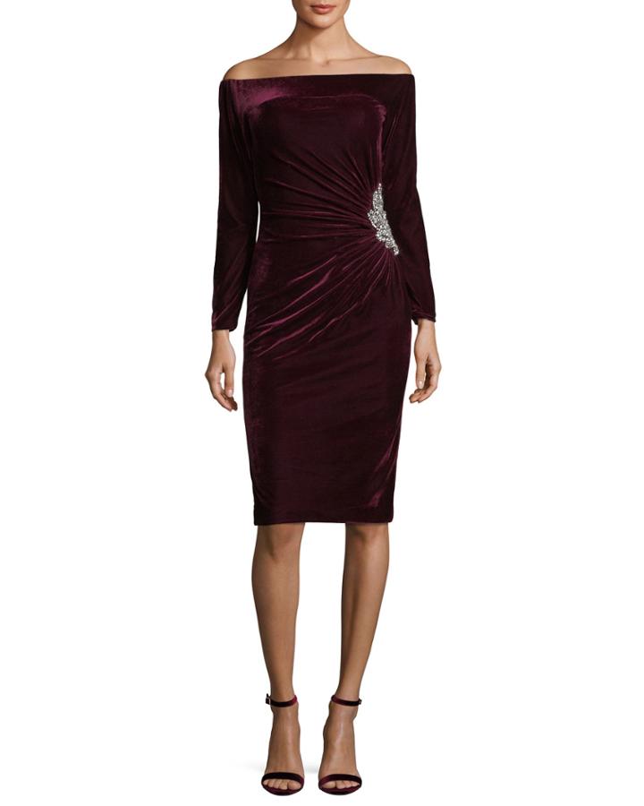 Off-the-shoulder Velvet Cocktail Dress W/ Side Embellishment
