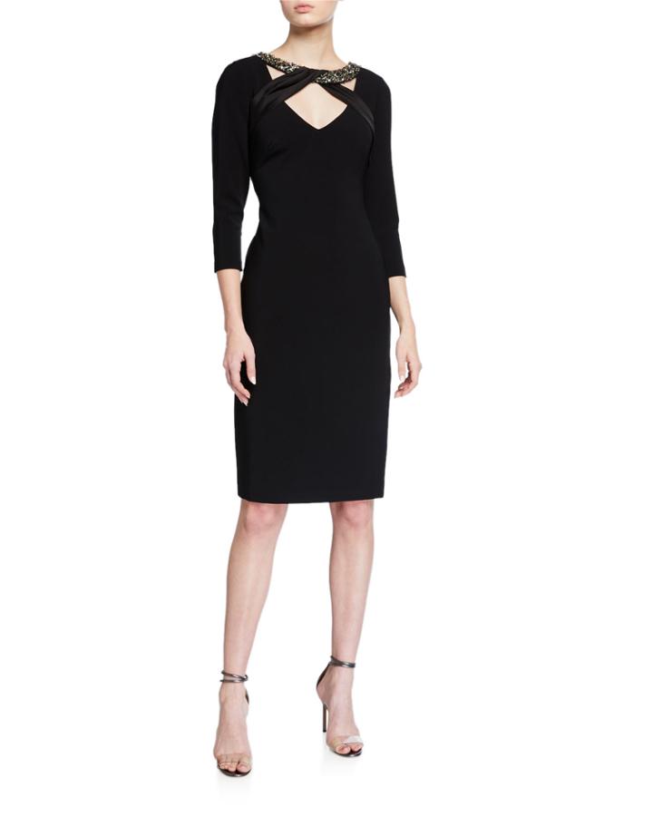 Beaded Band Illusion Neckline Crepe Cocktail Dress