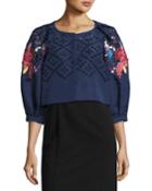 Floral-embroidered Cropped 3/4-sleeve Jacket, Navy