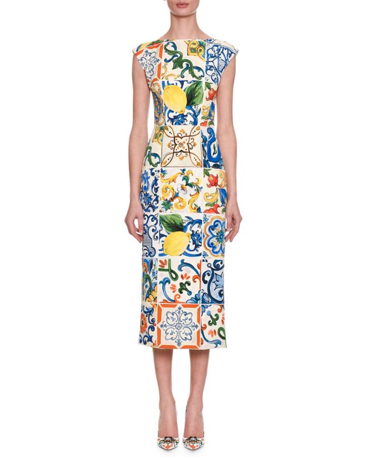 Cap-sleeve Lemon Tile-print Silk Charmeuse Sheath