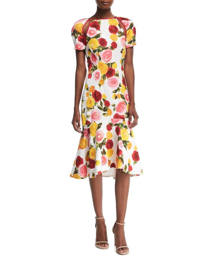 High-neck Floral-print Matelasse Midi Cocktail Dress