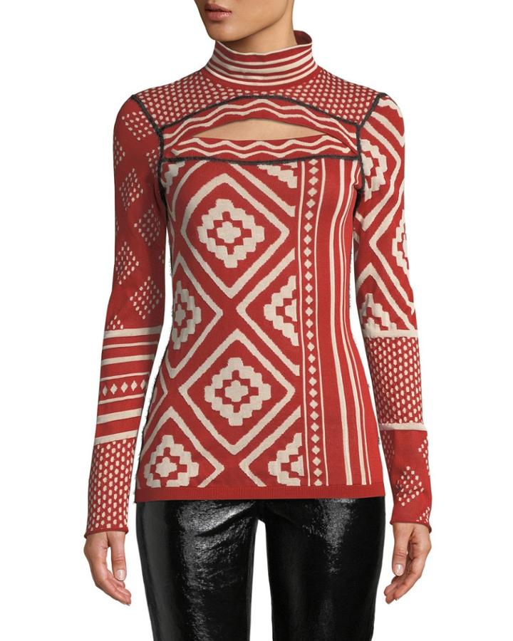 Slit Turtleneck Long-sleeve Deco-jacquard Top