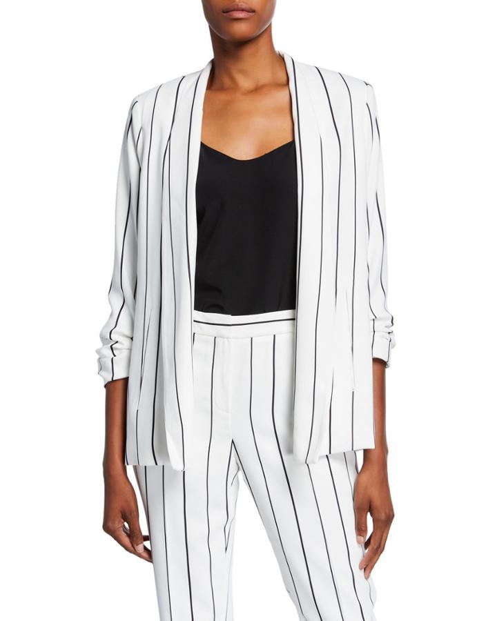Striped Open-front Shirred-sleeve Jacket