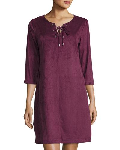 3/4-sleeve Faux-suede Dress, Berry