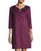 3/4-sleeve Faux-suede Dress, Berry