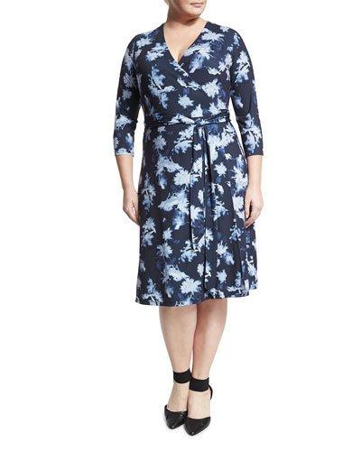 Floral 3/4-sleeve Wrap Dress, Blue,