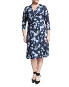Floral 3/4-sleeve Wrap Dress, Blue,